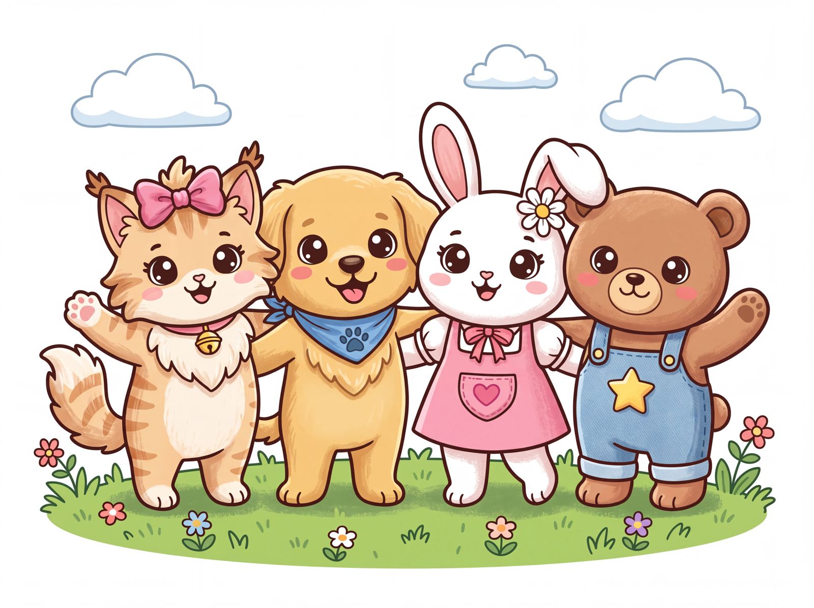 Mochi the kitten, Biscuit the puppy, Peaches the bunny and Waffles the teddy bear waving in a sunny meadow